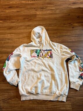 Marvel White Crewneck Hoodie with Multicolor Logo and Comic Sleeve Panels
